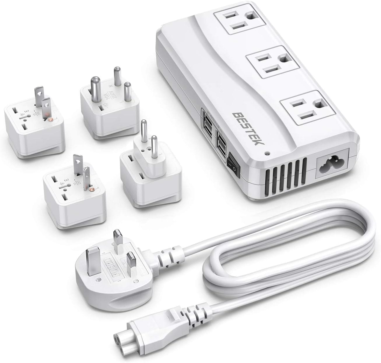 White Bestek international electrical power adapters arranged in a product shot