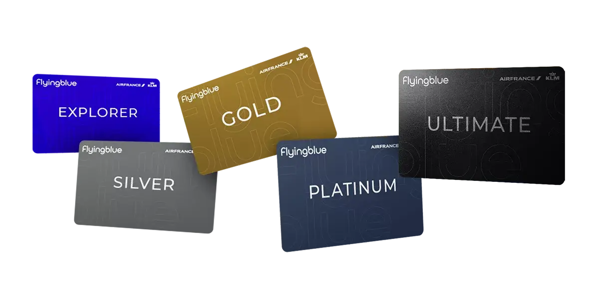 A series of multi-coloured Flying Blue loyalty program cards